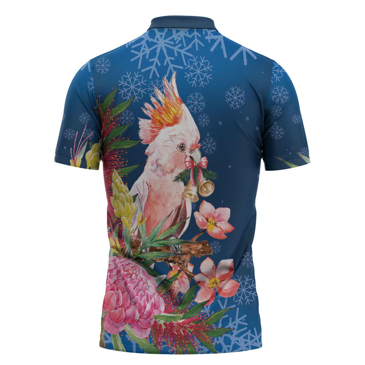 Australia Christmas Pink Cockatoo with Banksia Zipper Polo Shirt Snowy Blue