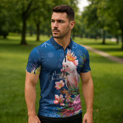 Australia Christmas Pink Cockatoo with Banksia Zipper Polo Shirt Snowy Blue