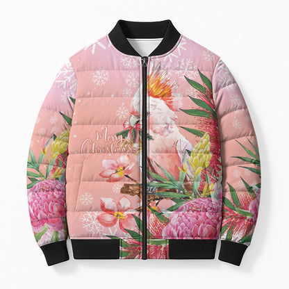 Australia Christmas Pink Cockatoo with Banksia Bomber Puffer Jacket Coral Pink