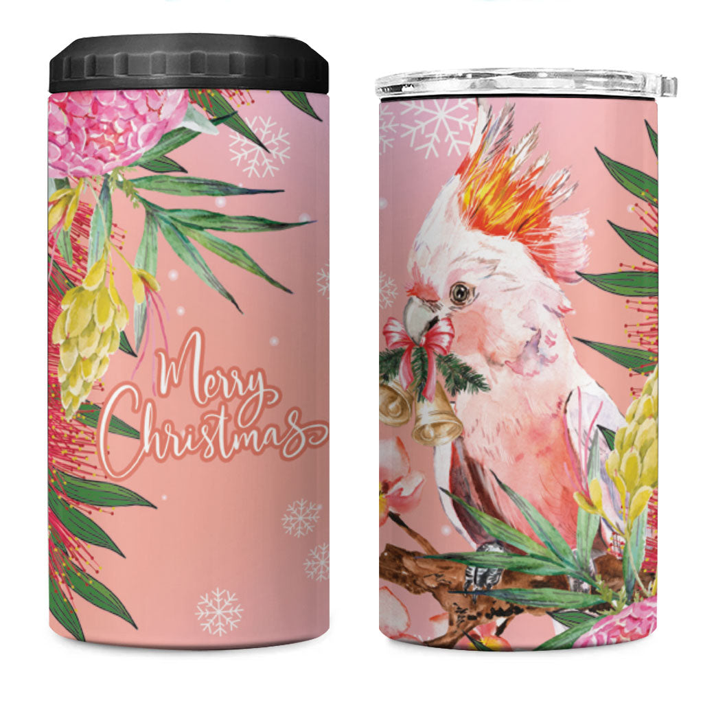 Australia Christmas Pink Cockatoo with Banksia 4 in 1 Can Cooler Tumbler Coral Pink