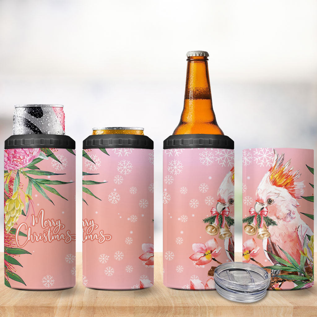Australia Christmas Pink Cockatoo with Banksia 4 in 1 Can Cooler Tumbler Coral Pink