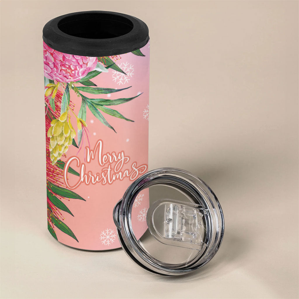 Australia Christmas Pink Cockatoo with Banksia 4 in 1 Can Cooler Tumbler Coral Pink