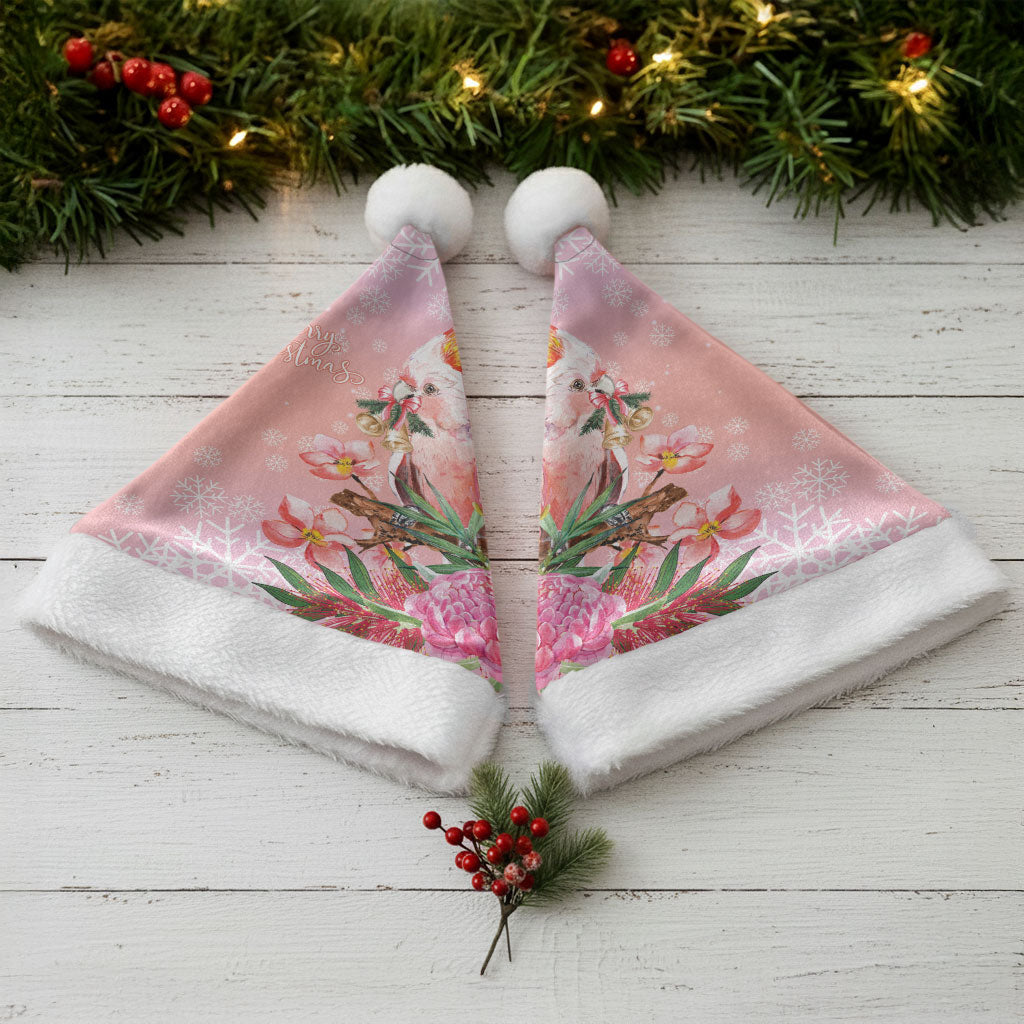Australia Christmas Pink Cockatoo with Banksia Christmas Santa Hat Coral Pink