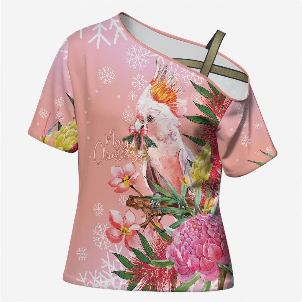 Australia Christmas Pink Cockatoo with Banksia Cross Shoulder Shirt Coral Pink