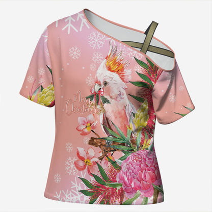 Australia Christmas Pink Cockatoo with Banksia Cross Shoulder Shirt Coral Pink