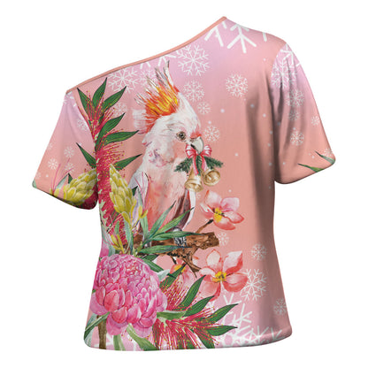 Australia Christmas Pink Cockatoo with Banksia Cross Shoulder Shirt Coral Pink