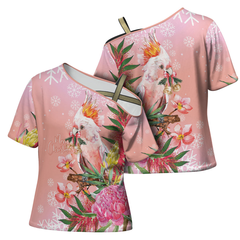 Australia Christmas Pink Cockatoo with Banksia Cross Shoulder Shirt Coral Pink