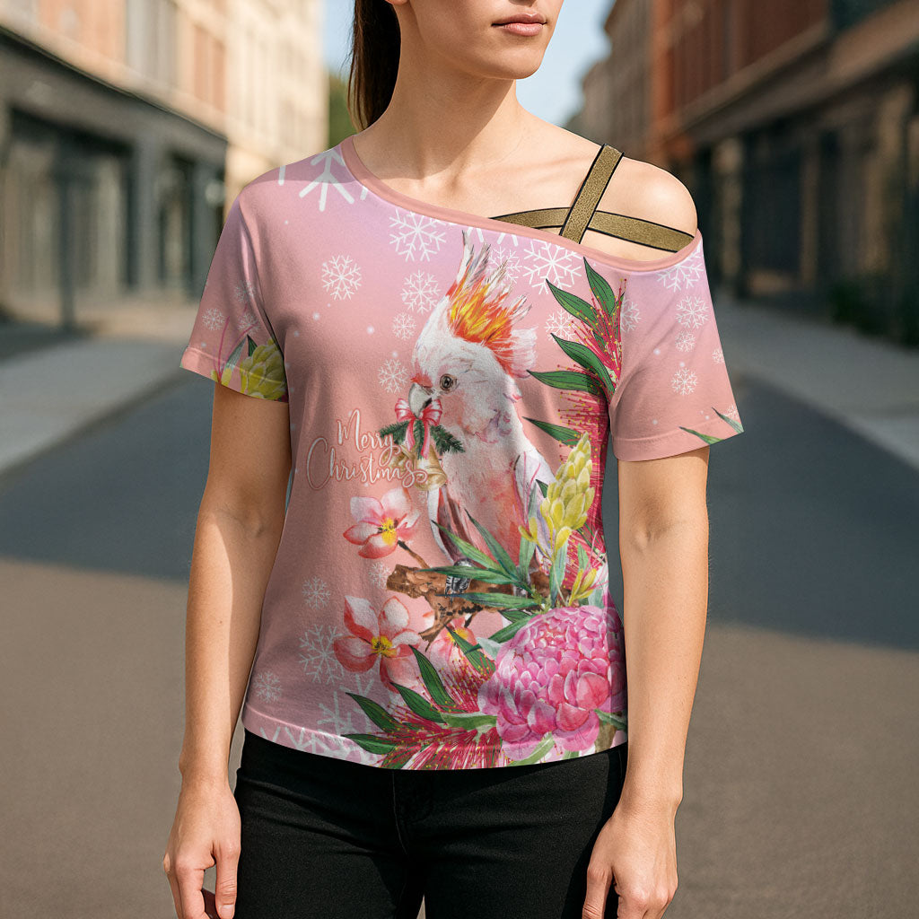 Australia Christmas Pink Cockatoo with Banksia Cross Shoulder Shirt Coral Pink