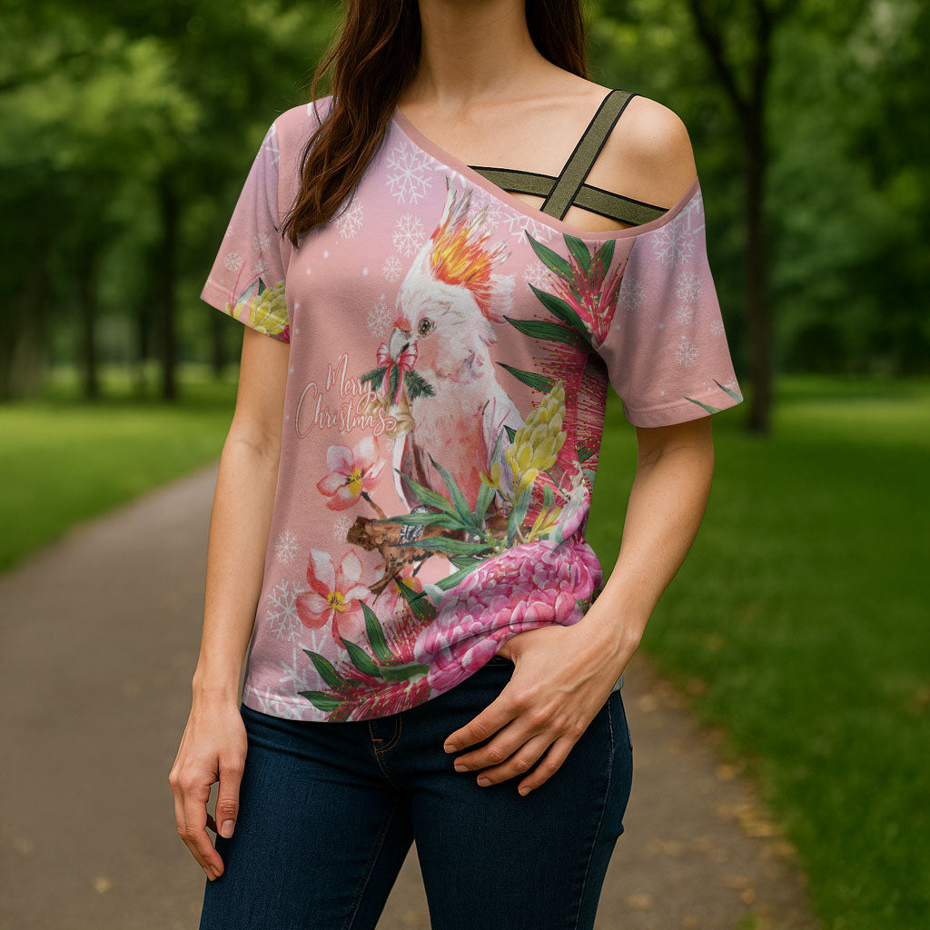 Australia Christmas Pink Cockatoo with Banksia Cross Shoulder Shirt Coral Pink