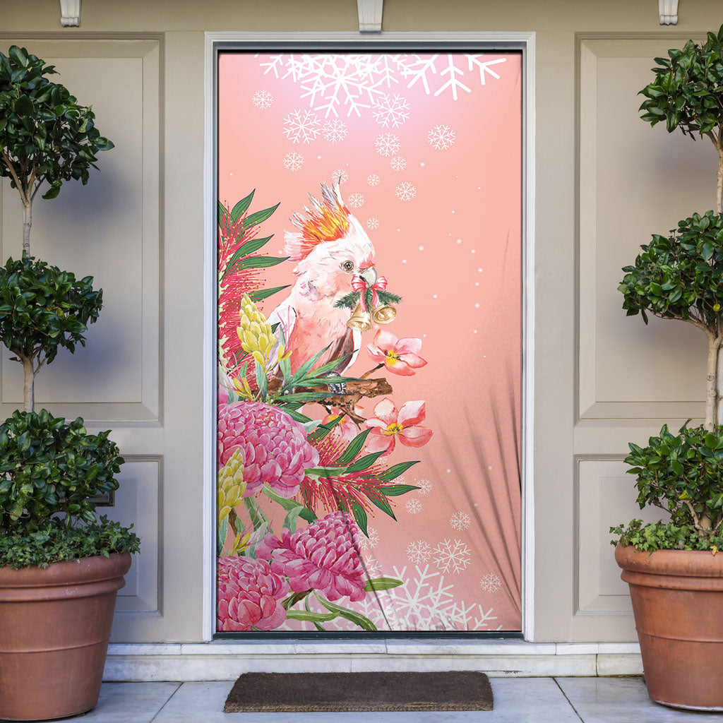 Australia Christmas Pink Cockatoo with Banksia Door Cover Coral Pink