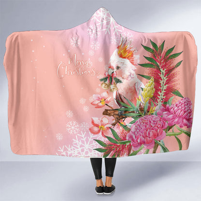 Australia Christmas Pink Cockatoo with Banksia Hooded Blanket Coral Pink