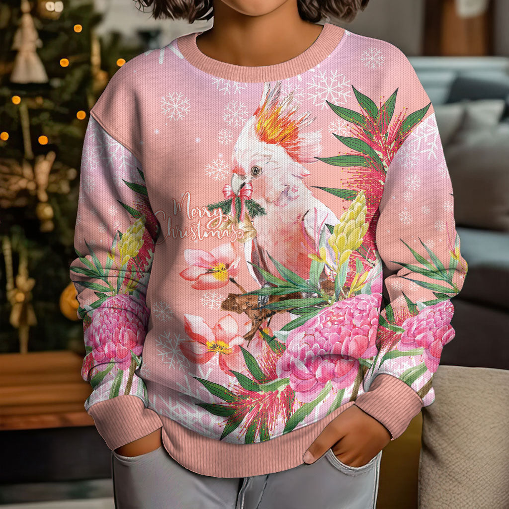 Australia Christmas Pink Cockatoo with Banksia Kid Ugly Christmas Sweater Coral Pink