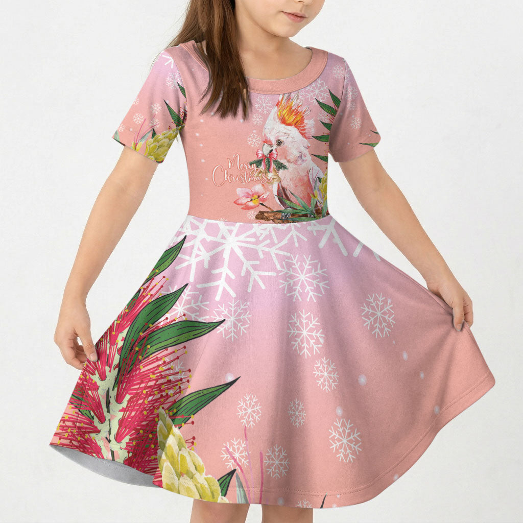 Australia Christmas Pink Cockatoo with Banksia Kid Short Sleeve Dress Coral Pink