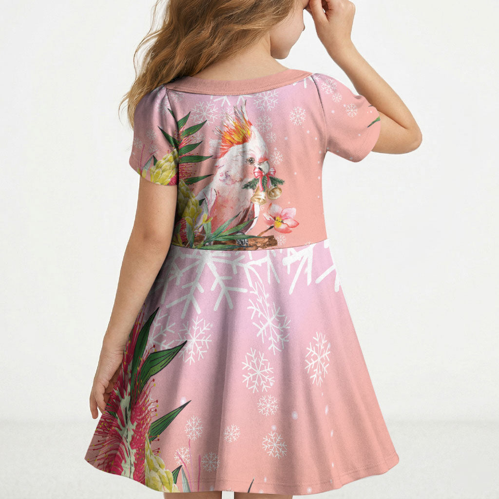 Australia Christmas Pink Cockatoo with Banksia Kid Short Sleeve Dress Coral Pink