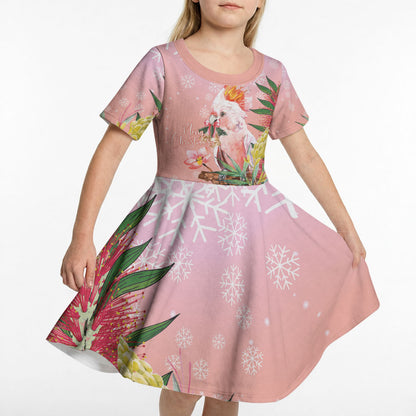 Australia Christmas Pink Cockatoo with Banksia Kid Short Sleeve Dress Coral Pink