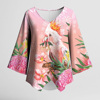 Australia Christmas Pink Cockatoo with Banksia Kimono Sleeve Blouse Coral Pink