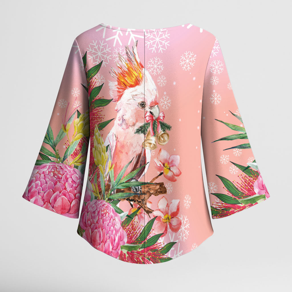 Australia Christmas Pink Cockatoo with Banksia Kimono Sleeve Blouse Coral Pink