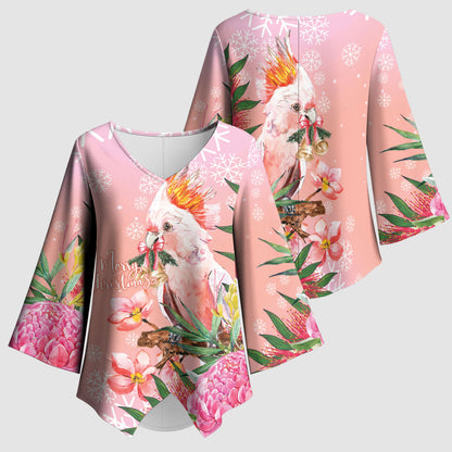 Australia Christmas Pink Cockatoo with Banksia Kimono Sleeve Blouse Coral Pink