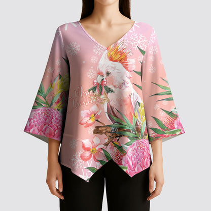 Australia Christmas Pink Cockatoo with Banksia Kimono Sleeve Blouse Coral Pink