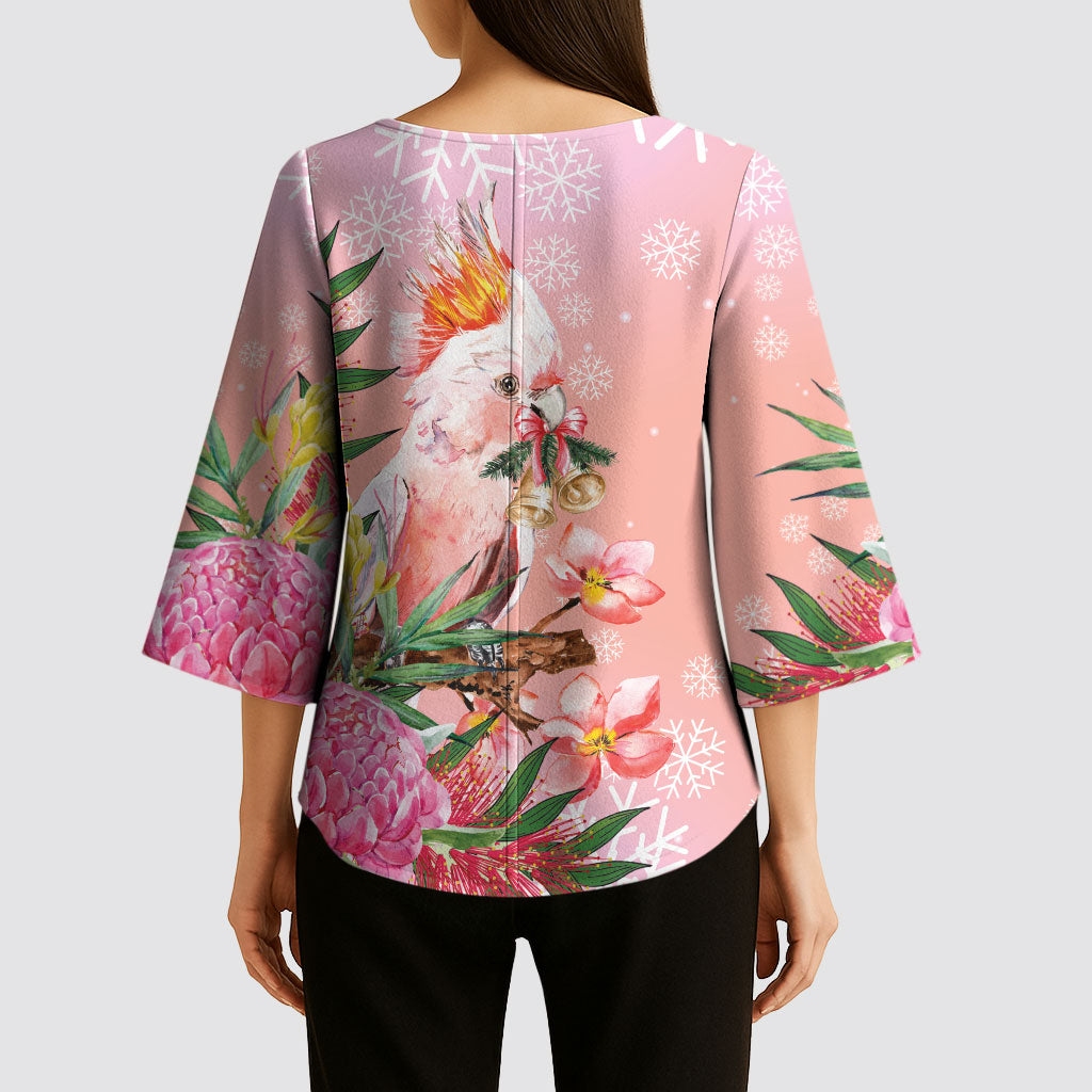 Australia Christmas Pink Cockatoo with Banksia Kimono Sleeve Blouse Coral Pink