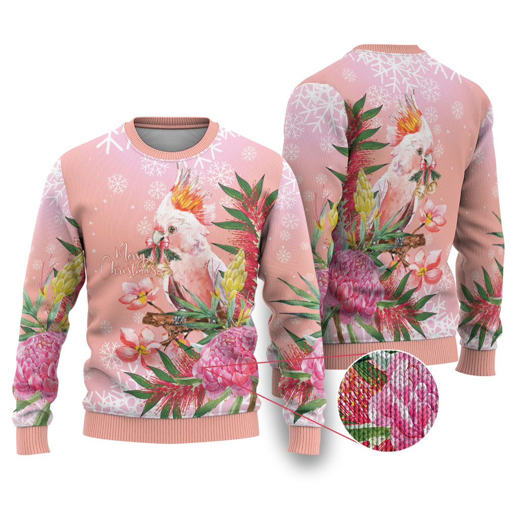 Australia Christmas Pink Cockatoo with Banksia Ugly Christmas Sweater Coral Pink