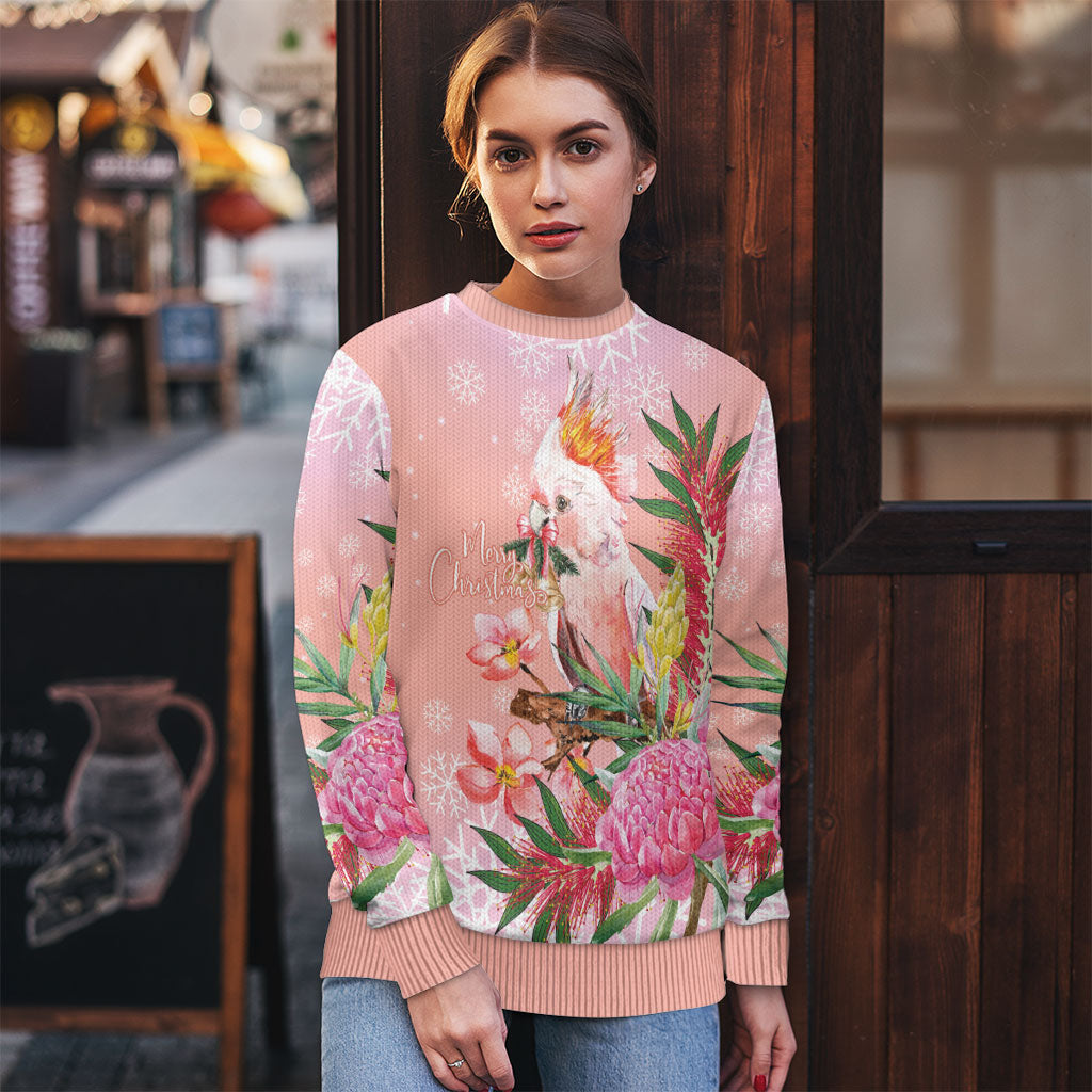 Australia Christmas Pink Cockatoo with Banksia Ugly Christmas Sweater Coral Pink