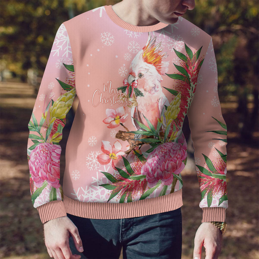 Australia Christmas Pink Cockatoo with Banksia Ugly Christmas Sweater Coral Pink