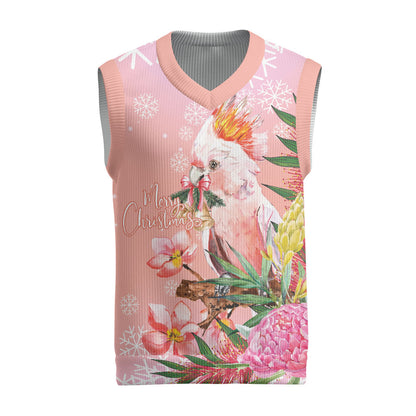 Australia Christmas Pink Cockatoo with Banksia Christmas Knitted V-Neck Vest Coral Pink