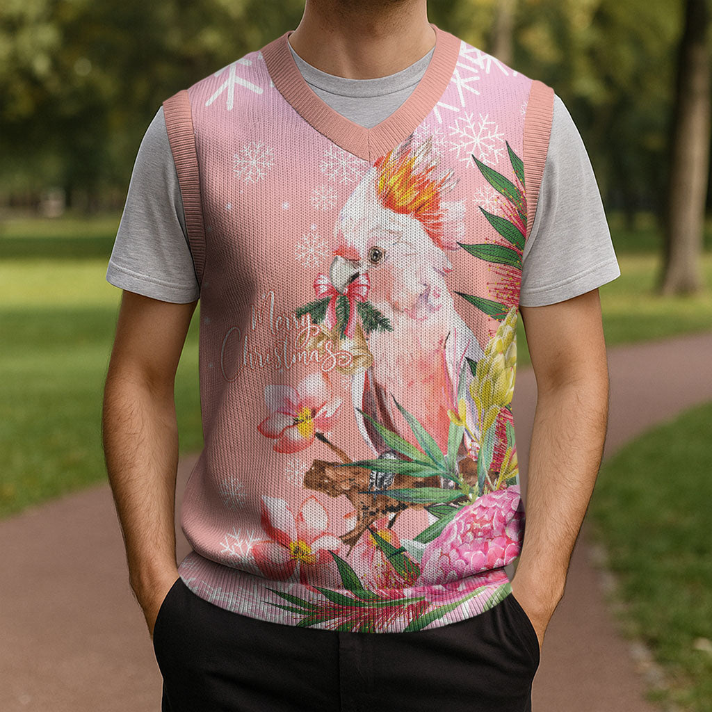Australia Christmas Pink Cockatoo with Banksia Christmas Knitted V-Neck Vest Coral Pink