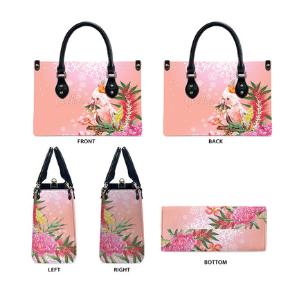 Australia Christmas Pink Cockatoo with Banksia Leather Bag Coral Pink