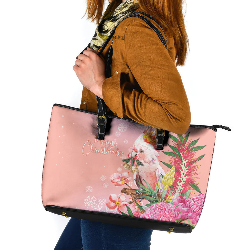 Australia Christmas Pink Cockatoo with Banksia Leather Tote Bag Coral Pink