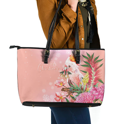 Australia Christmas Pink Cockatoo with Banksia Leather Tote Bag Coral Pink