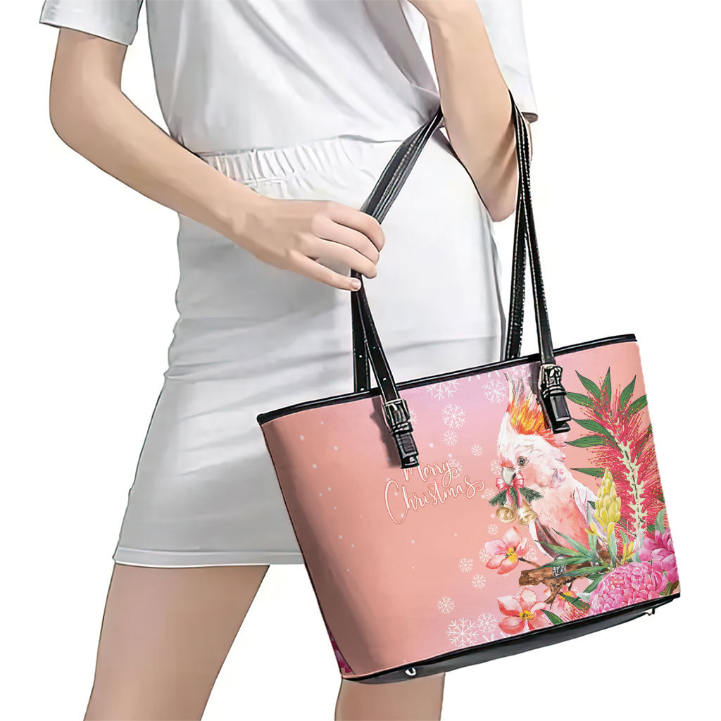 Australia Christmas Pink Cockatoo with Banksia Leather Tote Bag Coral Pink