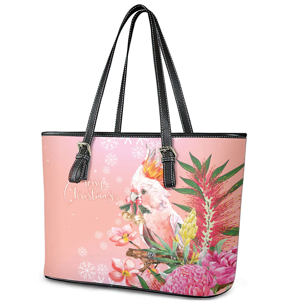 Australia Christmas Pink Cockatoo with Banksia Leather Tote Bag Coral Pink