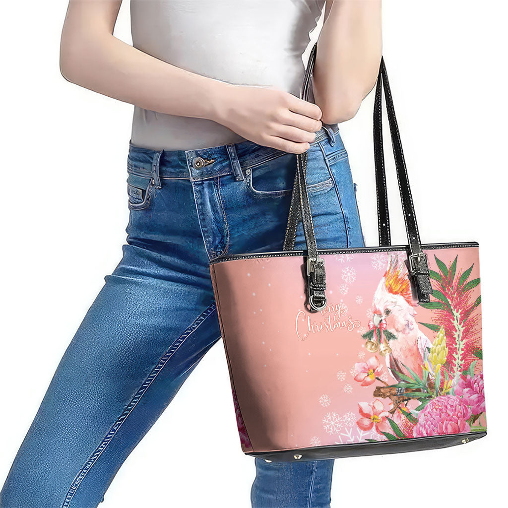 Australia Christmas Pink Cockatoo with Banksia Leather Tote Bag Coral Pink