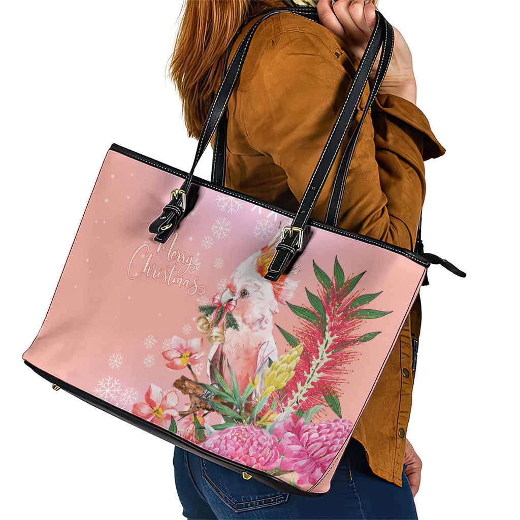 Australia Christmas Pink Cockatoo with Banksia Leather Tote Bag Coral Pink