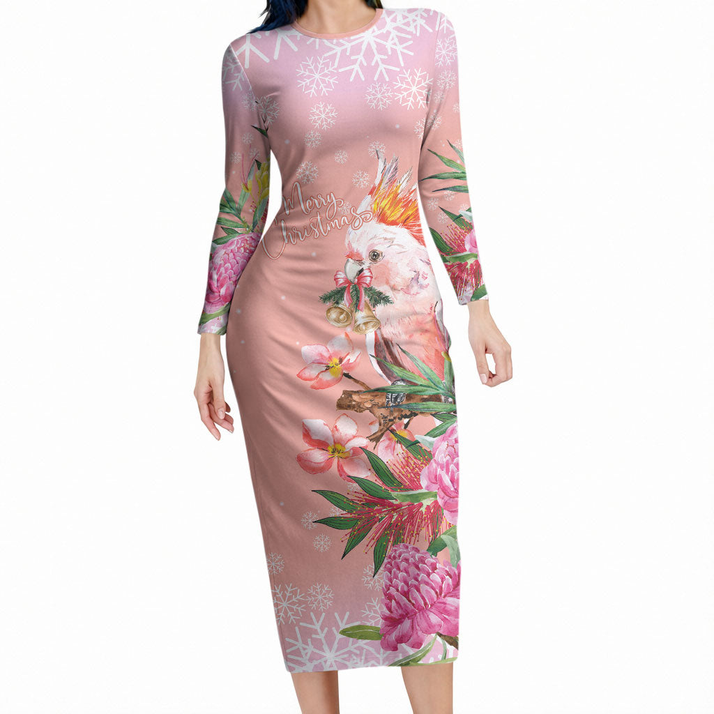 Australia Christmas Pink Cockatoo with Banksia Long Sleeve Bodycon Dress Coral Pink