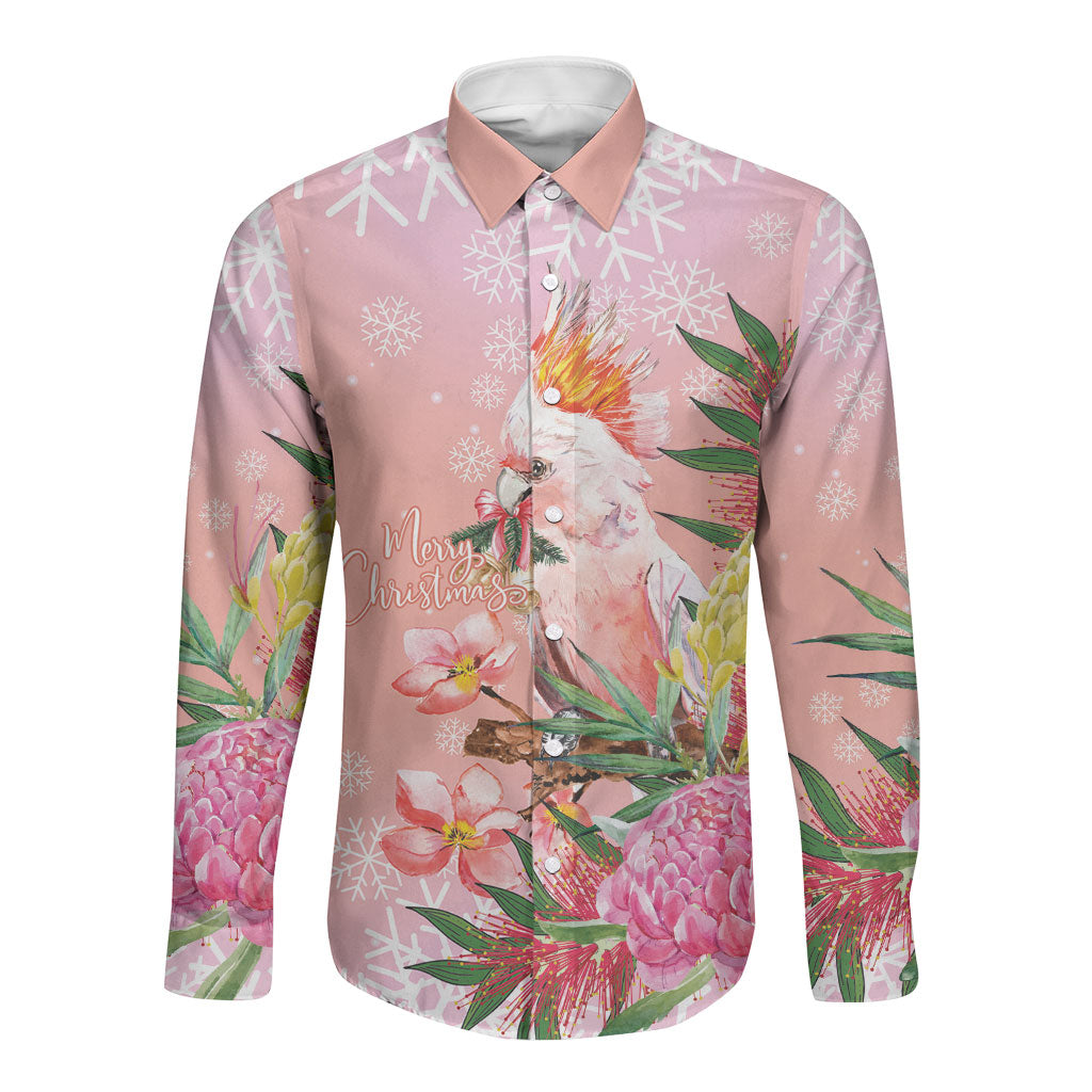 Australia Christmas Pink Cockatoo with Banksia Long Sleeve Button Shirt Coral Pink