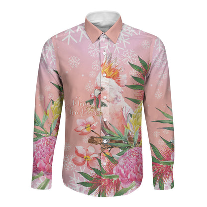 Australia Christmas Pink Cockatoo with Banksia Long Sleeve Button Shirt Coral Pink