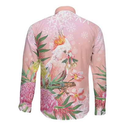 Australia Christmas Pink Cockatoo with Banksia Long Sleeve Button Shirt Coral Pink