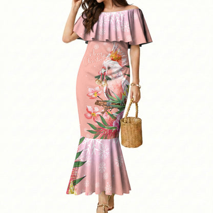 Australia Christmas Pink Cockatoo with Banksia Mermaid Dress Coral Pink