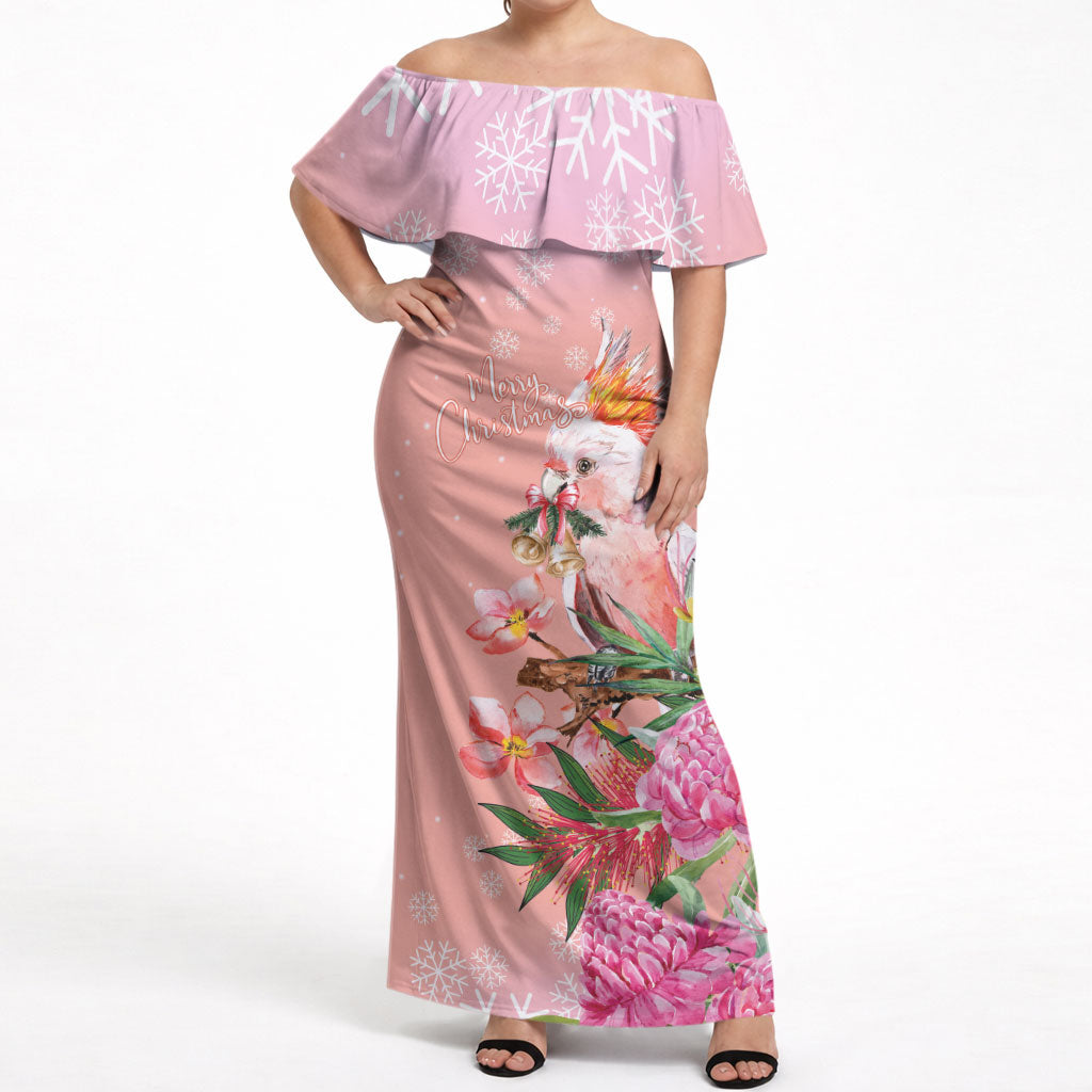Australia Christmas Pink Cockatoo with Banksia Off Shoulder Maxi Dress Coral Pink