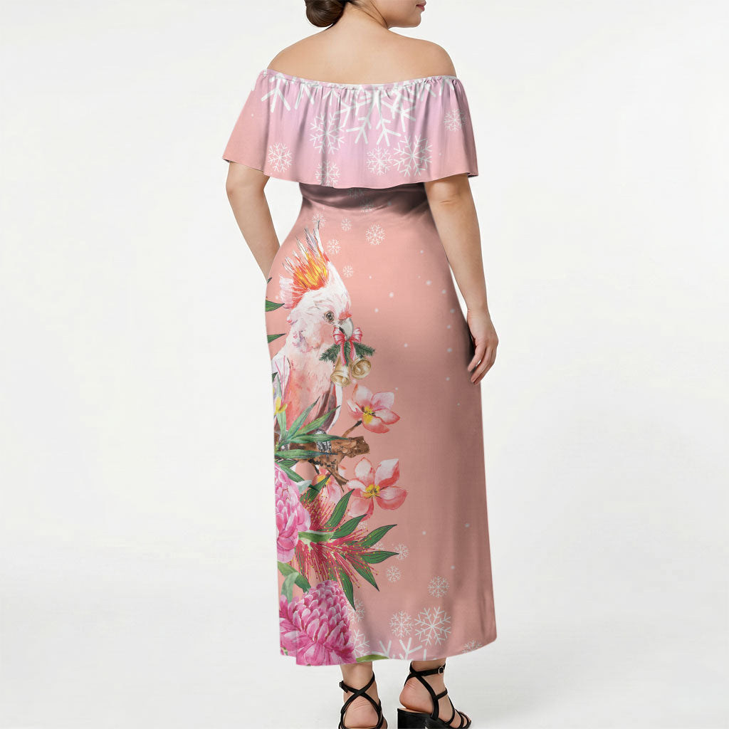 Australia Christmas Pink Cockatoo with Banksia Off Shoulder Maxi Dress Coral Pink