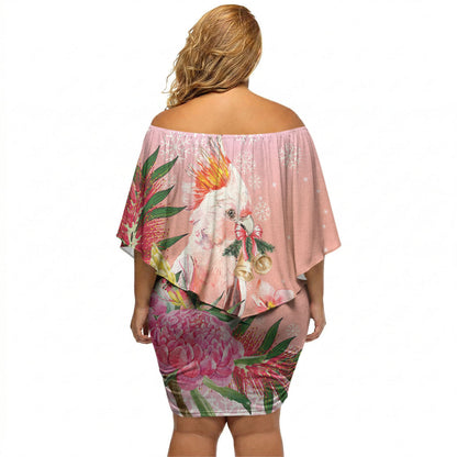 Australia Christmas Pink Cockatoo with Banksia Off Shoulder Short Dress Coral Pink