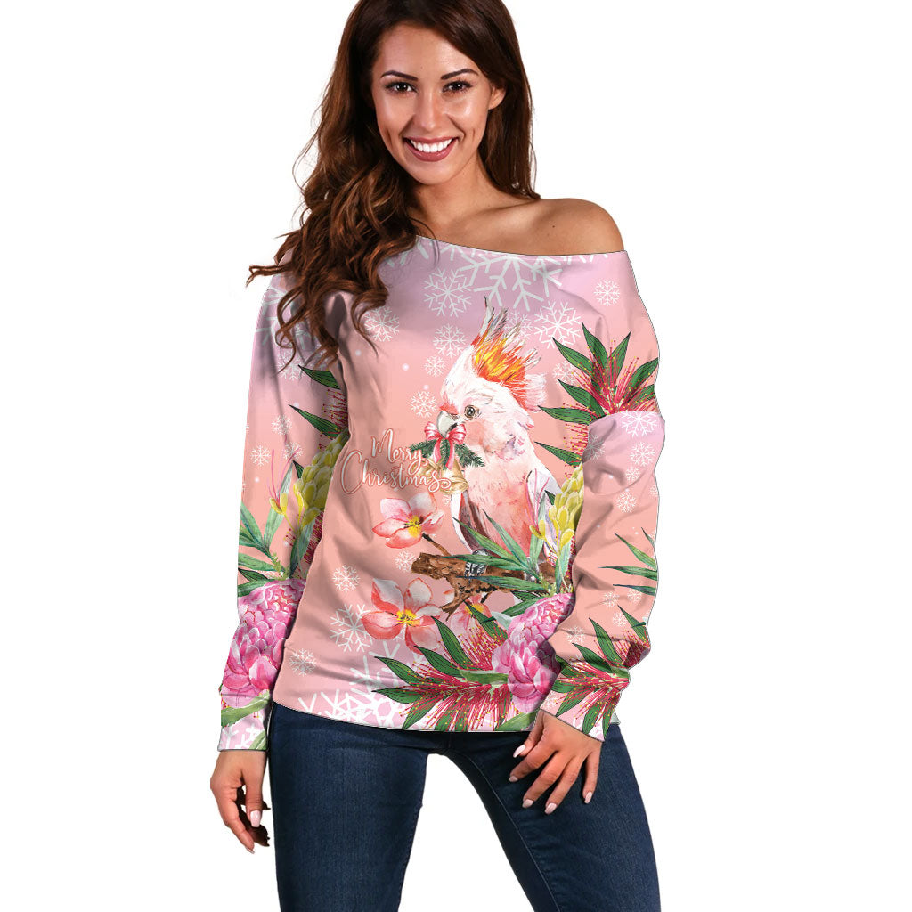 Australia Christmas Pink Cockatoo with Banksia Off Shoulder Sweater Coral Pink