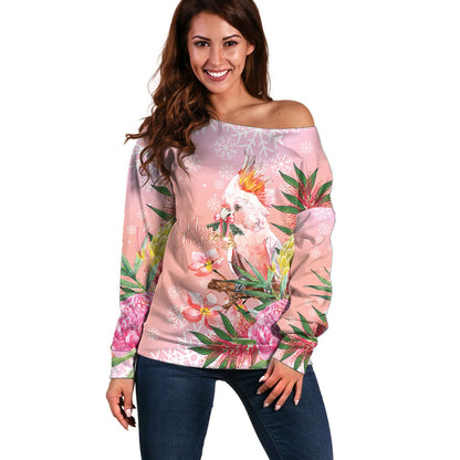 Australia Christmas Pink Cockatoo with Banksia Off Shoulder Sweater Coral Pink