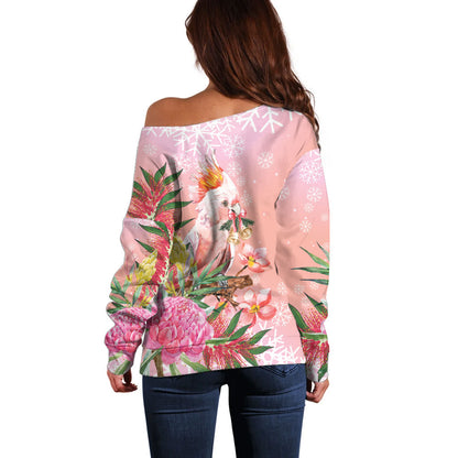 Australia Christmas Pink Cockatoo with Banksia Off Shoulder Sweater Coral Pink