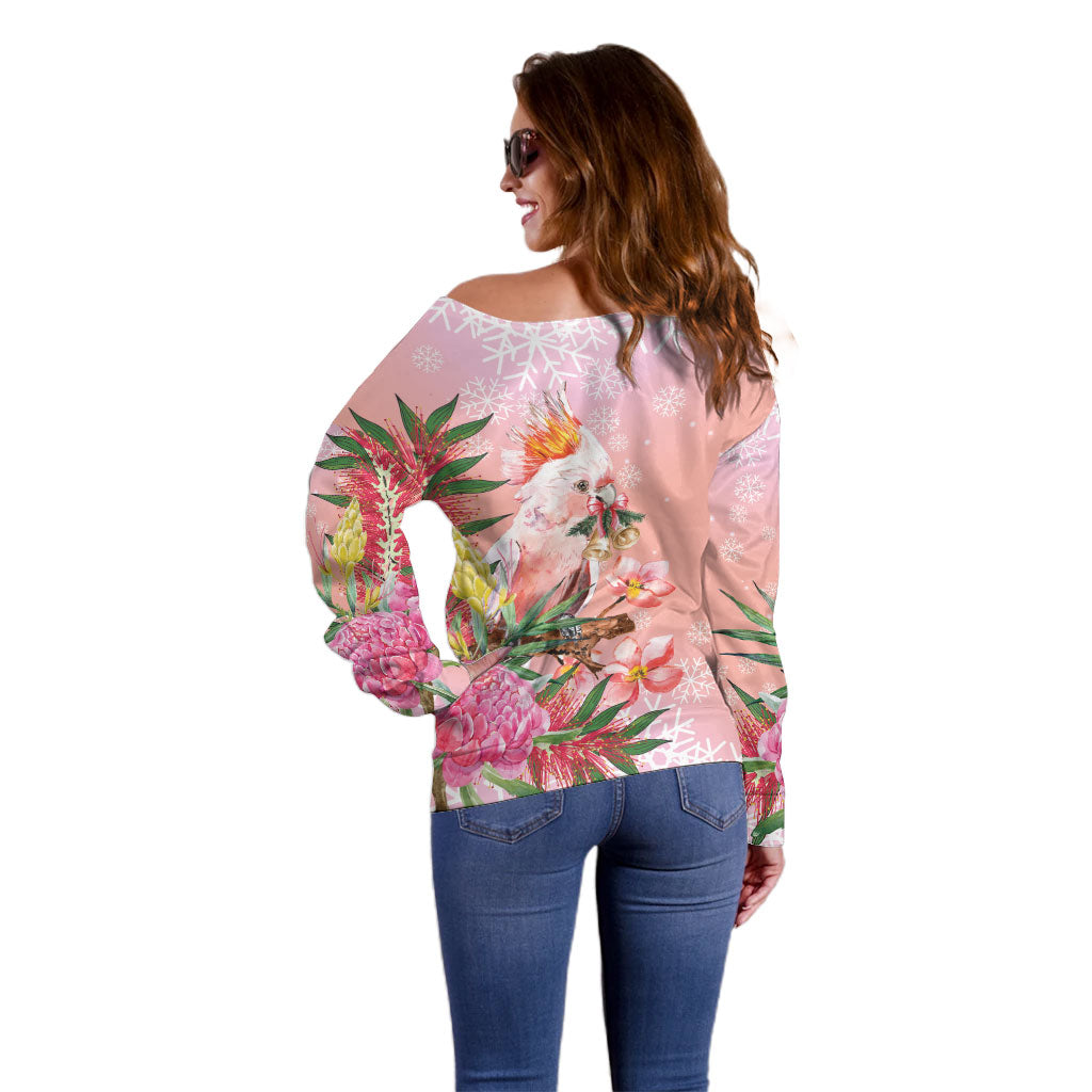 Australia Christmas Pink Cockatoo with Banksia Off Shoulder Sweater Coral Pink