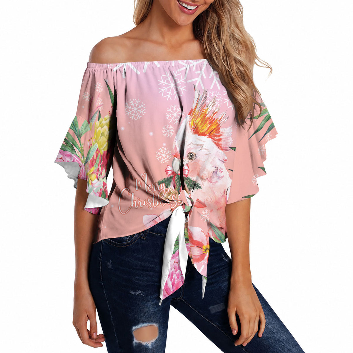 Australia Christmas Pink Cockatoo with Banksia Off Shoulder Wrap Waist Top Coral Pink