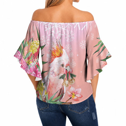 Australia Christmas Pink Cockatoo with Banksia Off Shoulder Wrap Waist Top Coral Pink